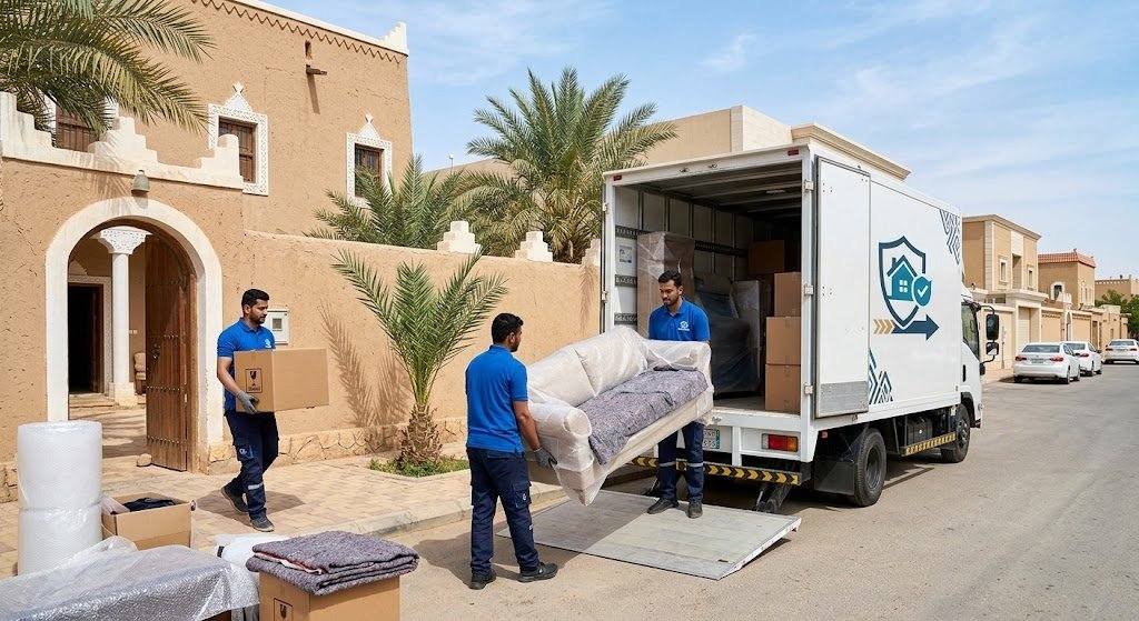 فريق عمل محترف يقوم بتغليف ونقل الأثاث بعناية فائقة ضمن خدمات نقل عفش الملقا بالرياض لضمان حماية الممتلكات ووصولها بأمان تام.
