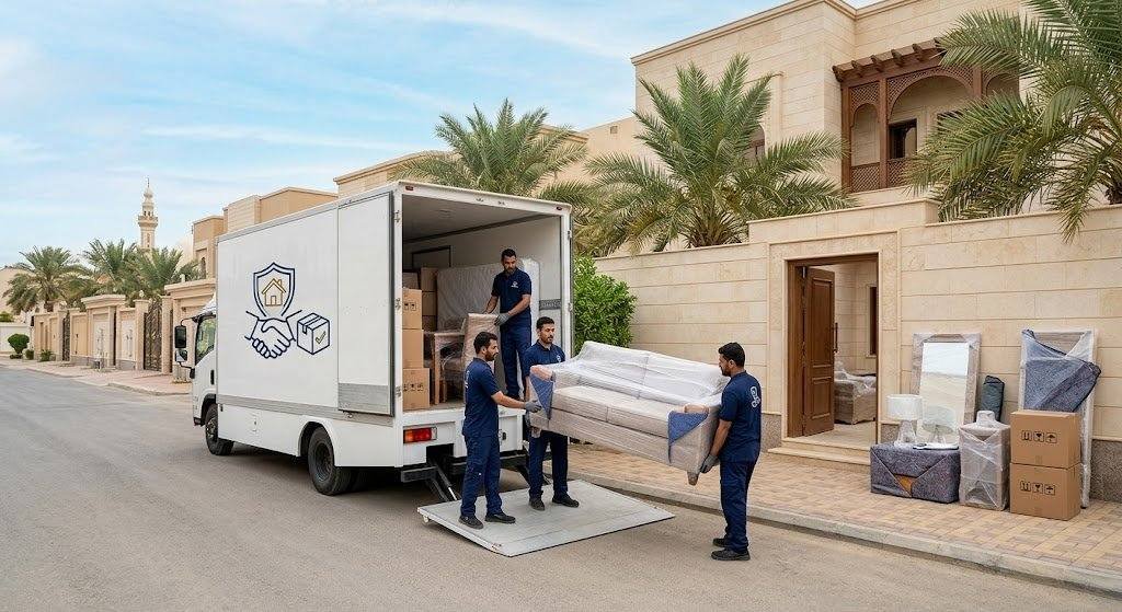 فريق عمل محترف يقوم بتغليف ونقل الأثاث بعناية فائقة ضمن خدمات نقل عفش حي الروابي لضمان حماية الممتلكات ووصولها بأمان تام وبدون أي خدوش.