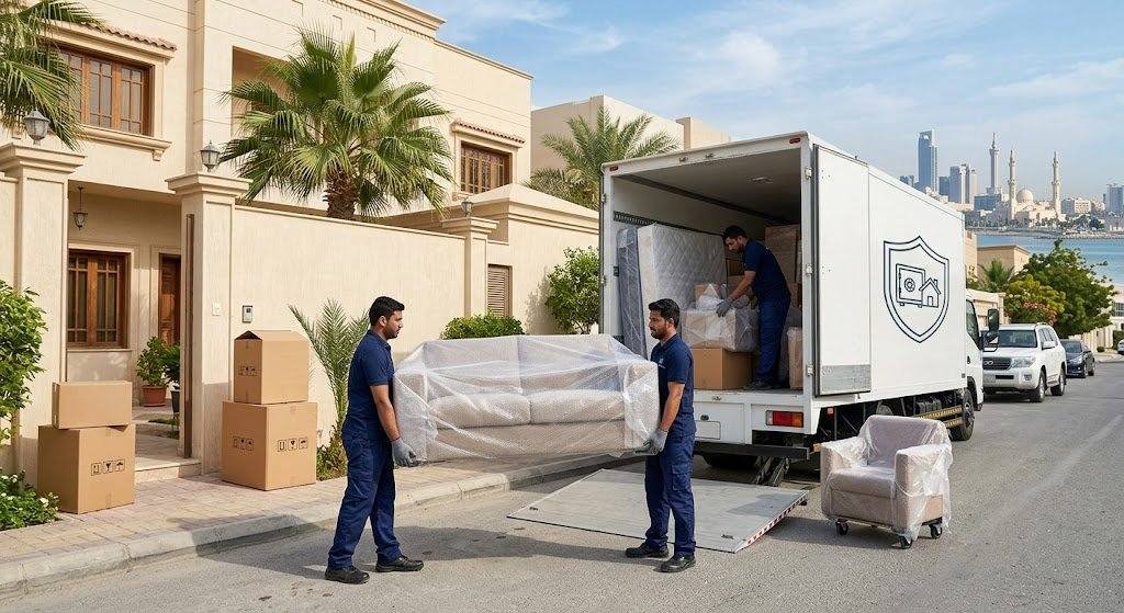 فريق عمل محترف يقوم بتغليف ونقل الأثاث بعناية فائقة ضمن خدمات نقل عفش حي الرمال بالرياض لضمان حماية الممتلكات ووصولها بأمان تام وبدون أي خدوش.