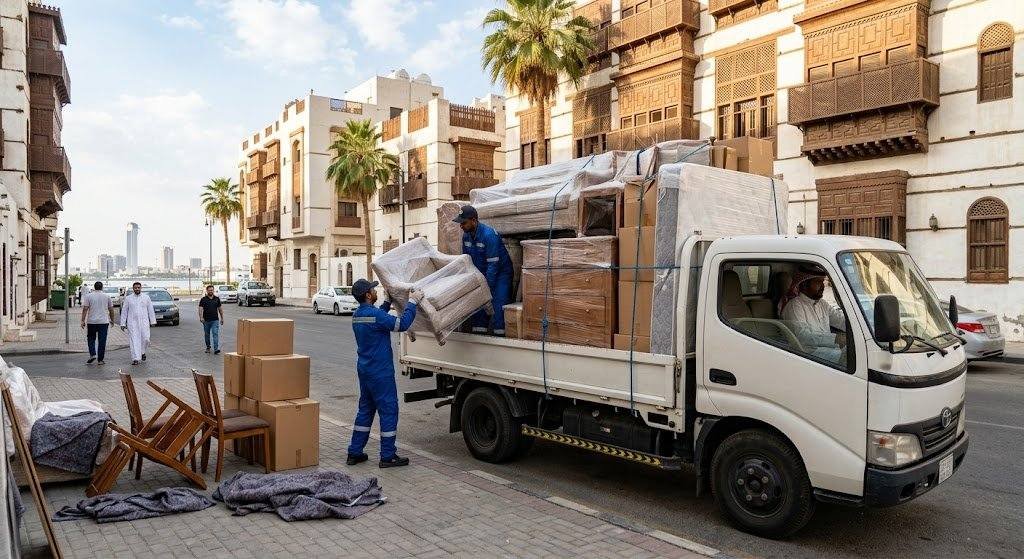 فريق عمل محترف يقوم بتغليف ونقل الأثاث بعناية فائقة ضمن خدمات نقل عفش حي الريان بالرياض لضمان حماية الممتلكات ووصولها بأمان تام وبدون أي خدوش.