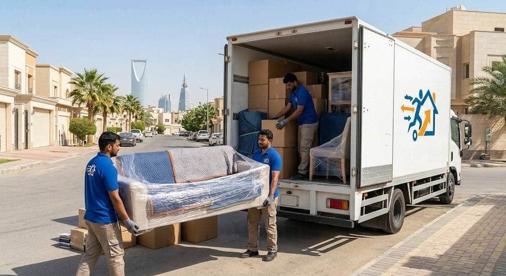 فريق عمل محترف يقوم بتغليف ونقل الأثاث بعناية فائقة ضمن خدمات نقل عفش حي العارض بالرياض لضمان حماية الممتلكات ووصولها بأمان تام وبدون أي خدوش.