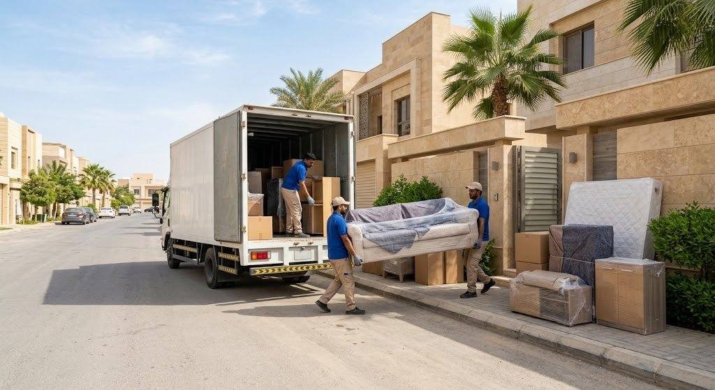 أثاث وصناديق مغلفة باحترافية وأمان وجاهزة للنقل ضمن خدمات نقل عفش حي الخرج بالرياض لضمان الحفاظ على الممتلكات وتوفير تجربة مريحة.