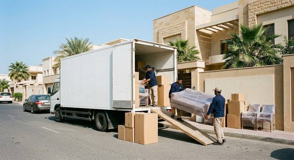 فريق عمل محترف يقوم بفك وتغليف ونقل الأثاث بعناية ضمن خدمات نقل عفش حي الربيع بالرياض لضمان حماية المنقولات وسلامتها.